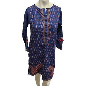 Khaadi Navy‎ Blue Tunic SZ 10 Embroidered Ethnic Artsy Gypsy Eclectic Multicolor